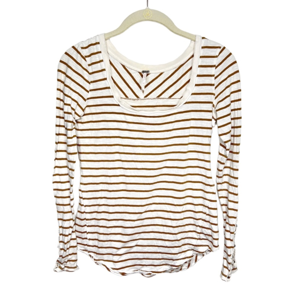 Free People | White Tan Striped Tuscaloosa Hard Candy Cuff Tee Shirt XS